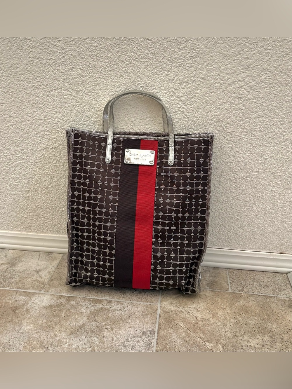 Brand New kate spade Brown Canvas Tote with Red Center Stripe